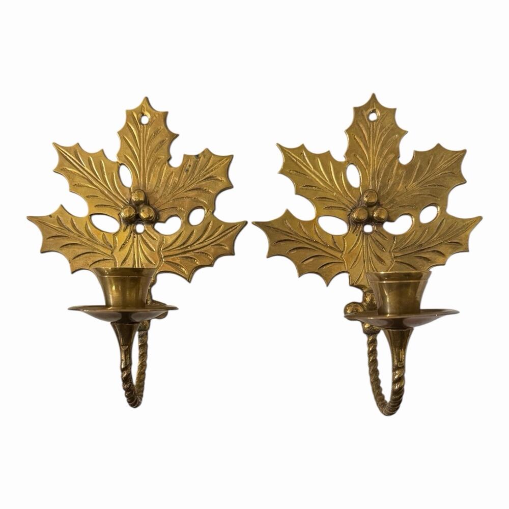 Vtg Solid Brass Candle Holders Wall Decor Holly Leaf Shaped Made In India 7”x5”